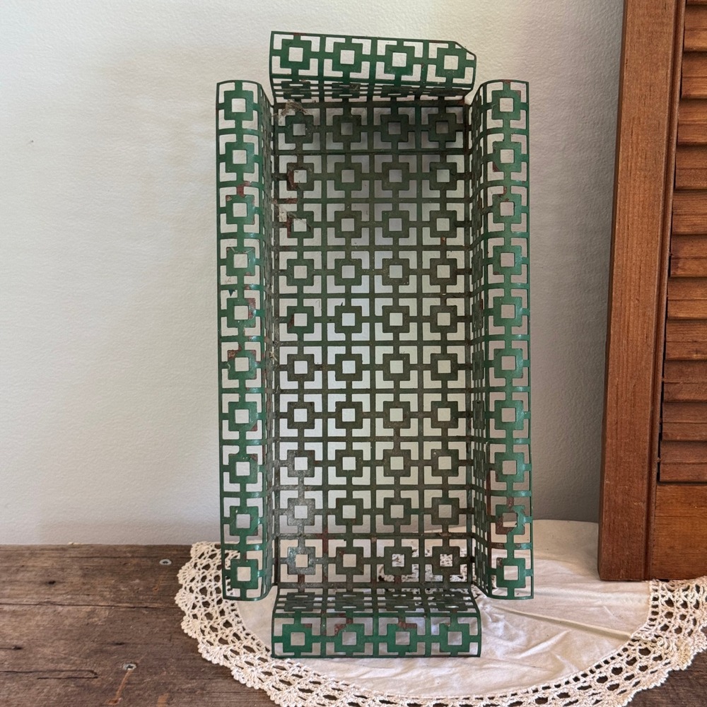 Vintage Green Metal Greek Key Fretwork Industrial Wire Basket Tray Organizer